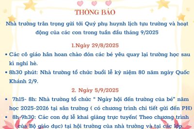 Trường Mn Hoa Mai Hân hoan chào đón các bé yêu quay lại trường sau thời gian nghỉ hè vào ngày 29/8 với nhiều hoạt động bổ ích chào mừng 80 năm Quốc khánh 2/9 và hoạt động chuẩn bị cho” Ngày hội đến trường của bé” năm học 2025-2026.
